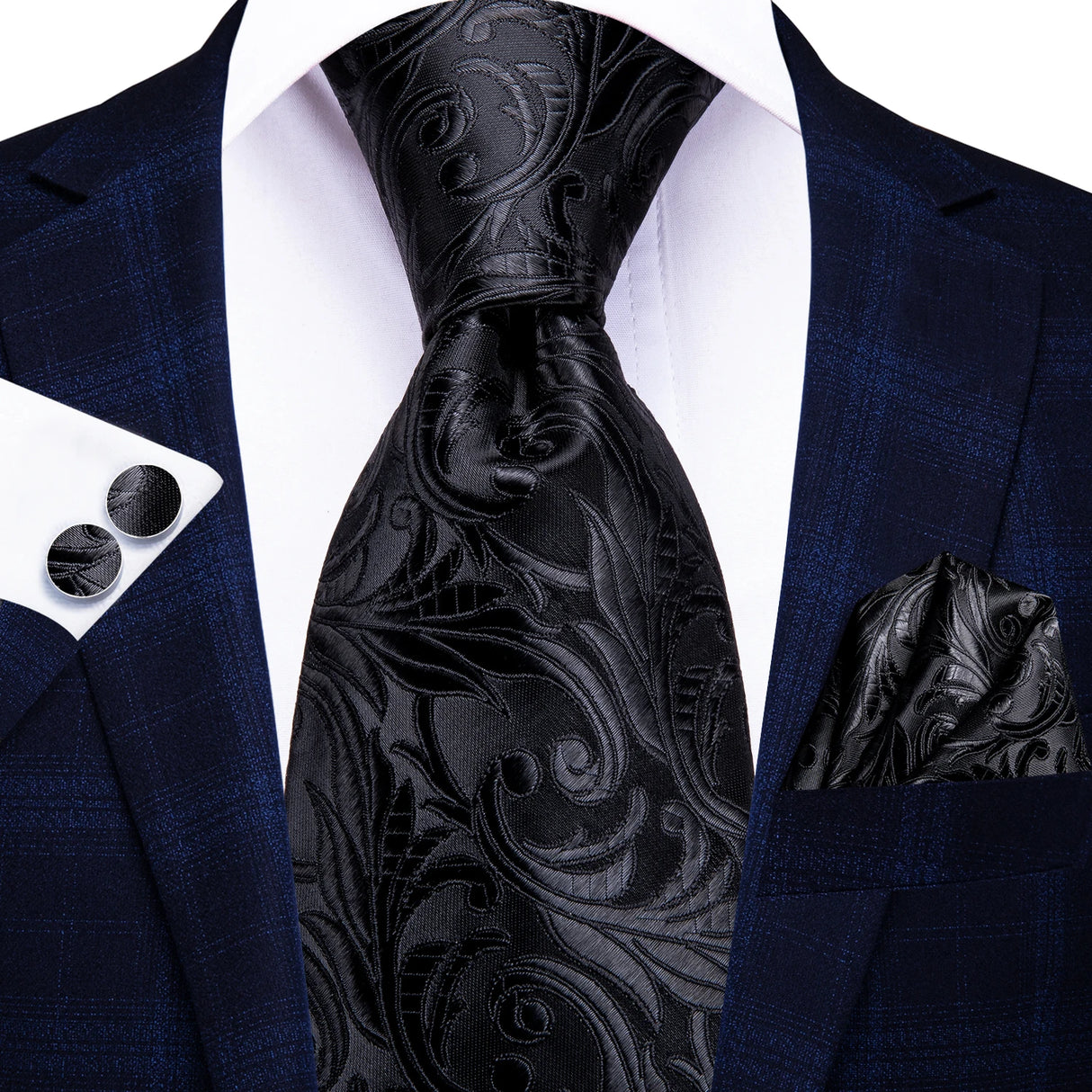 Elegant Black Silk Hanky Cufflink Tie