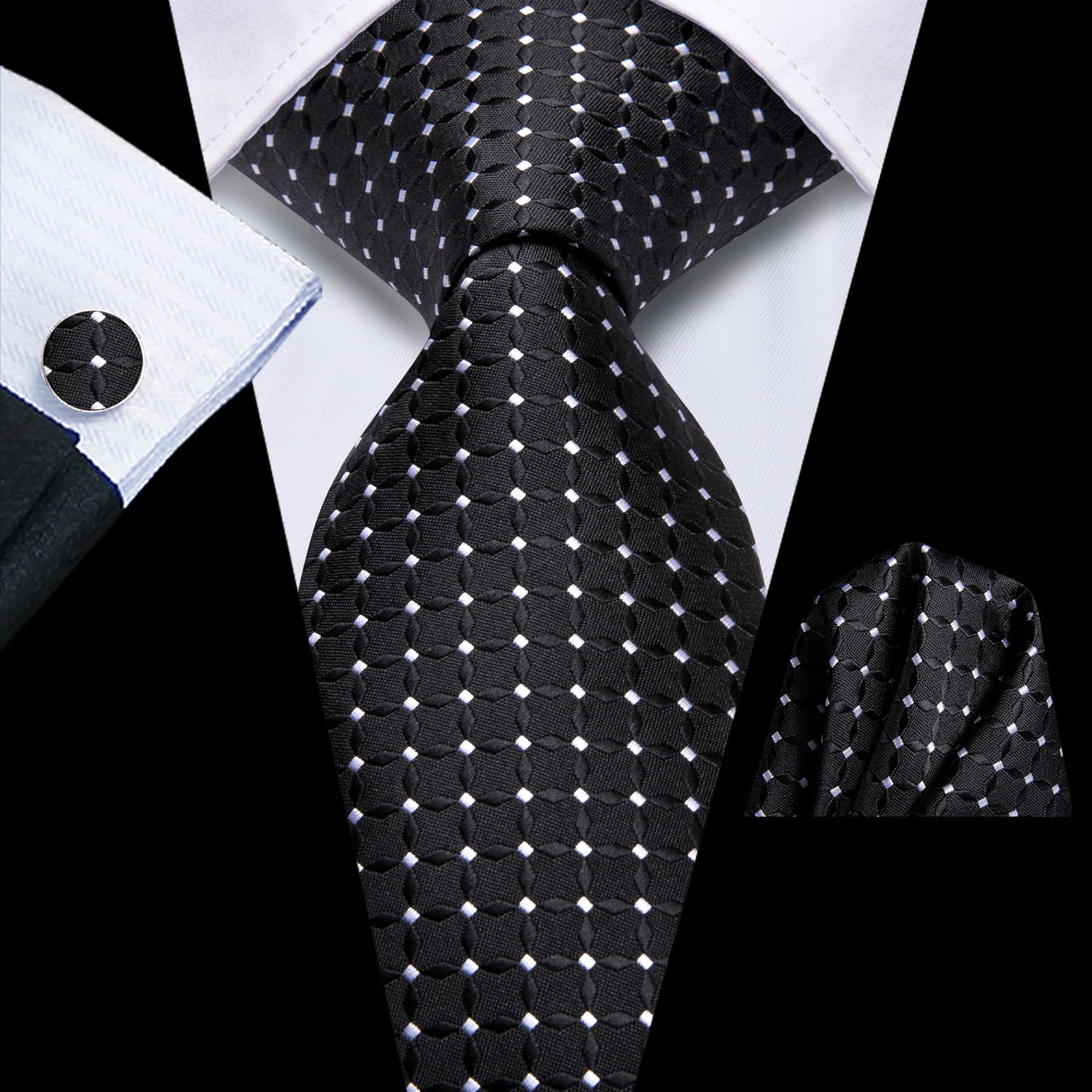 Elegant Black Silk Hanky Cufflink Tie