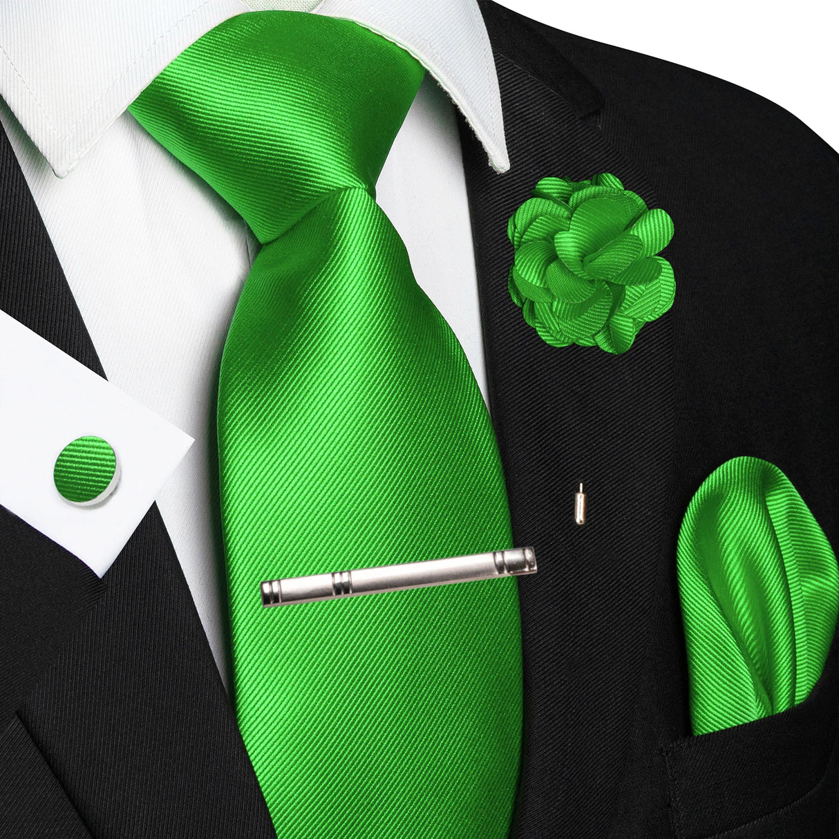 Elegant Green Solid Hanky Cufflink Brooch Tie For Men