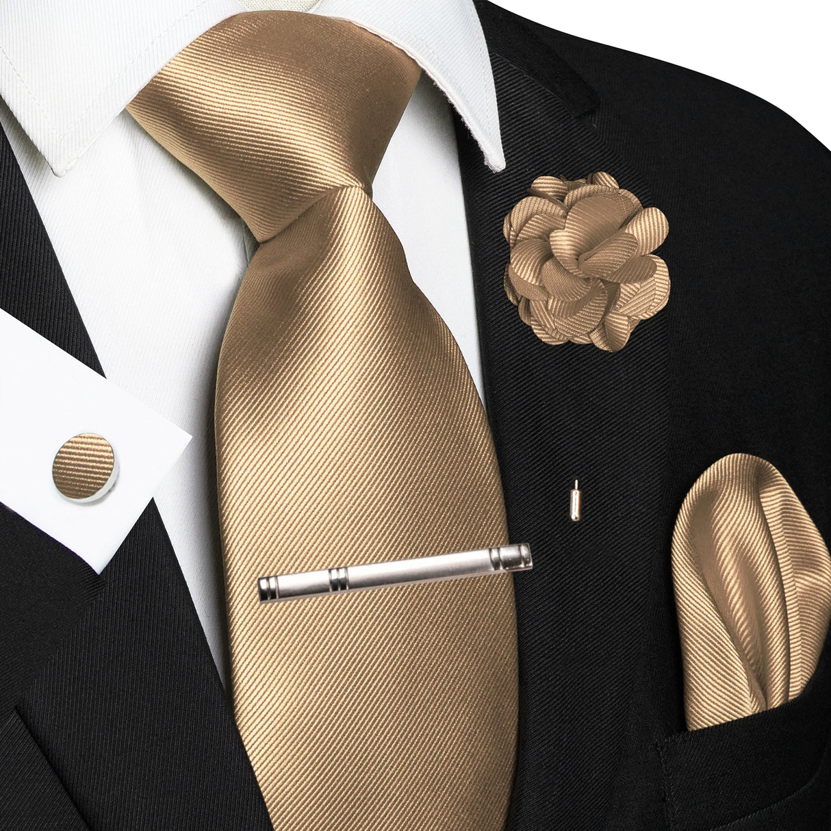 Elegant Brown Solid Hanky Cufflink Brooch Tie For Men