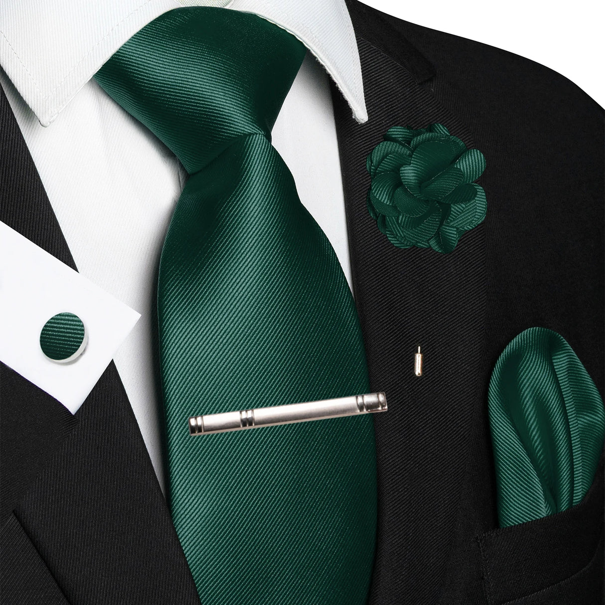 Elegant Green Solid Hanky Cufflink Brooch Tie For Men