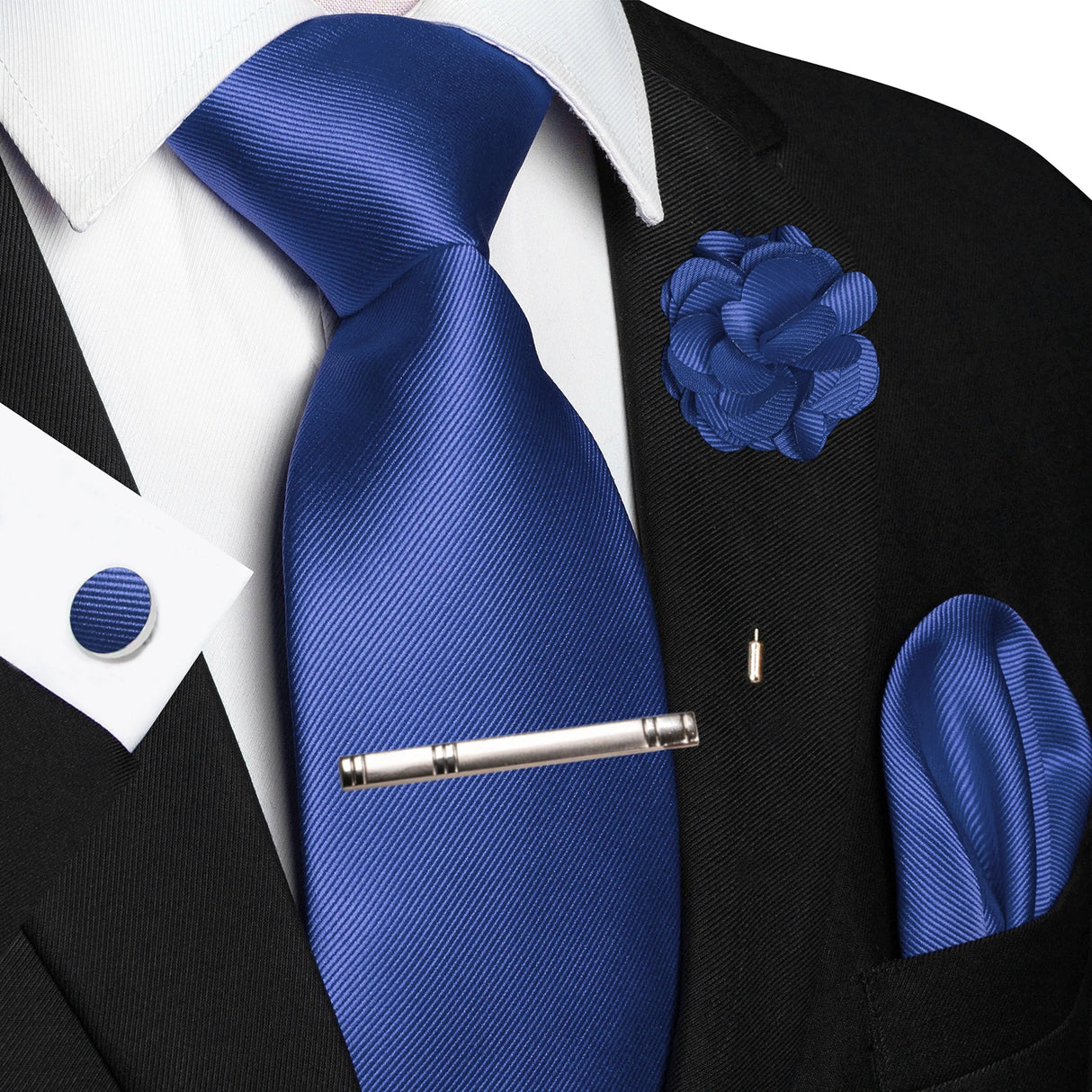 Elegant Blue Solid Hanky Cufflink Brooch Tie For Men