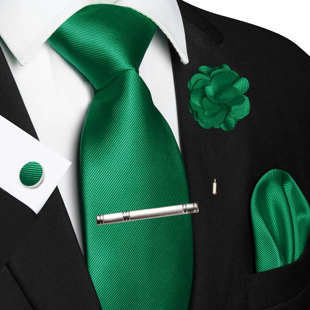 Elegant Green Solid Hanky Cufflink Brooch Tie For Men