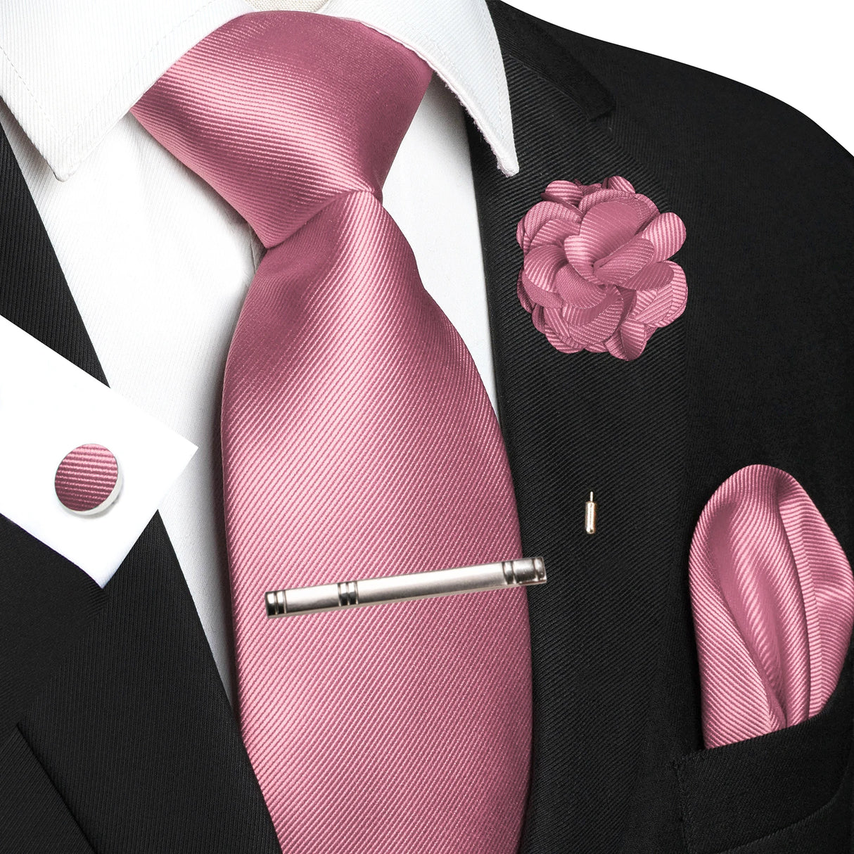 Elegant Pink Solid Hanky Cufflink Brooch Tie For Men