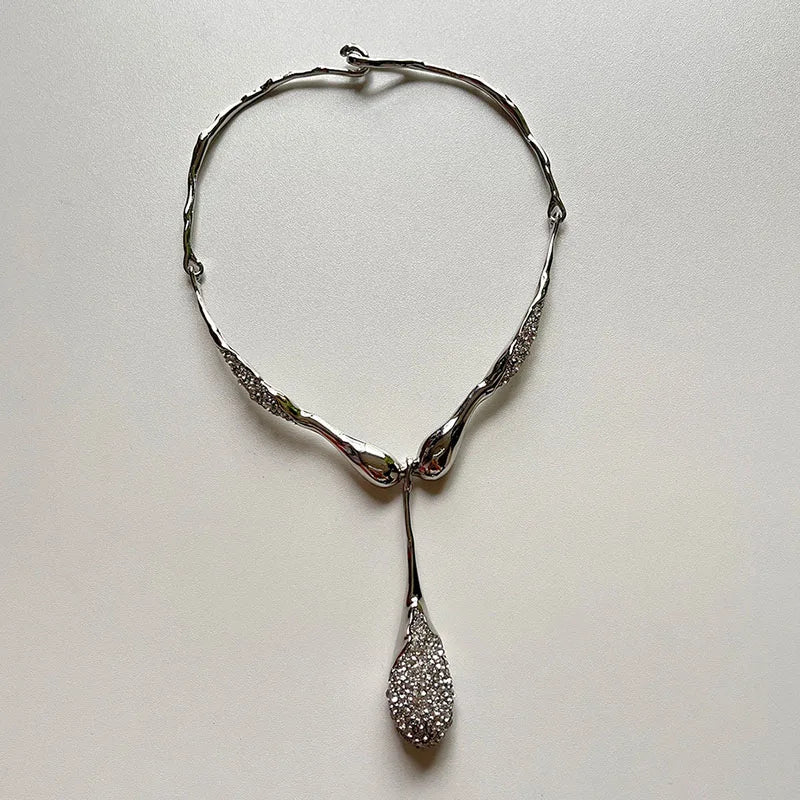 Silver Elegant Choker Irregular Pendant Glass Necklace