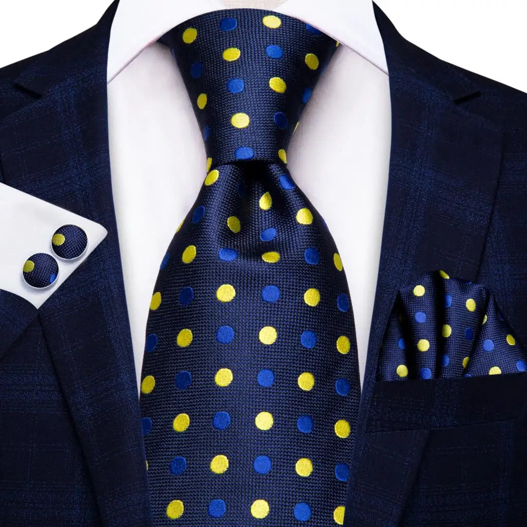 Blue Elegant Dot Hanky Cufflink Silk Necktie