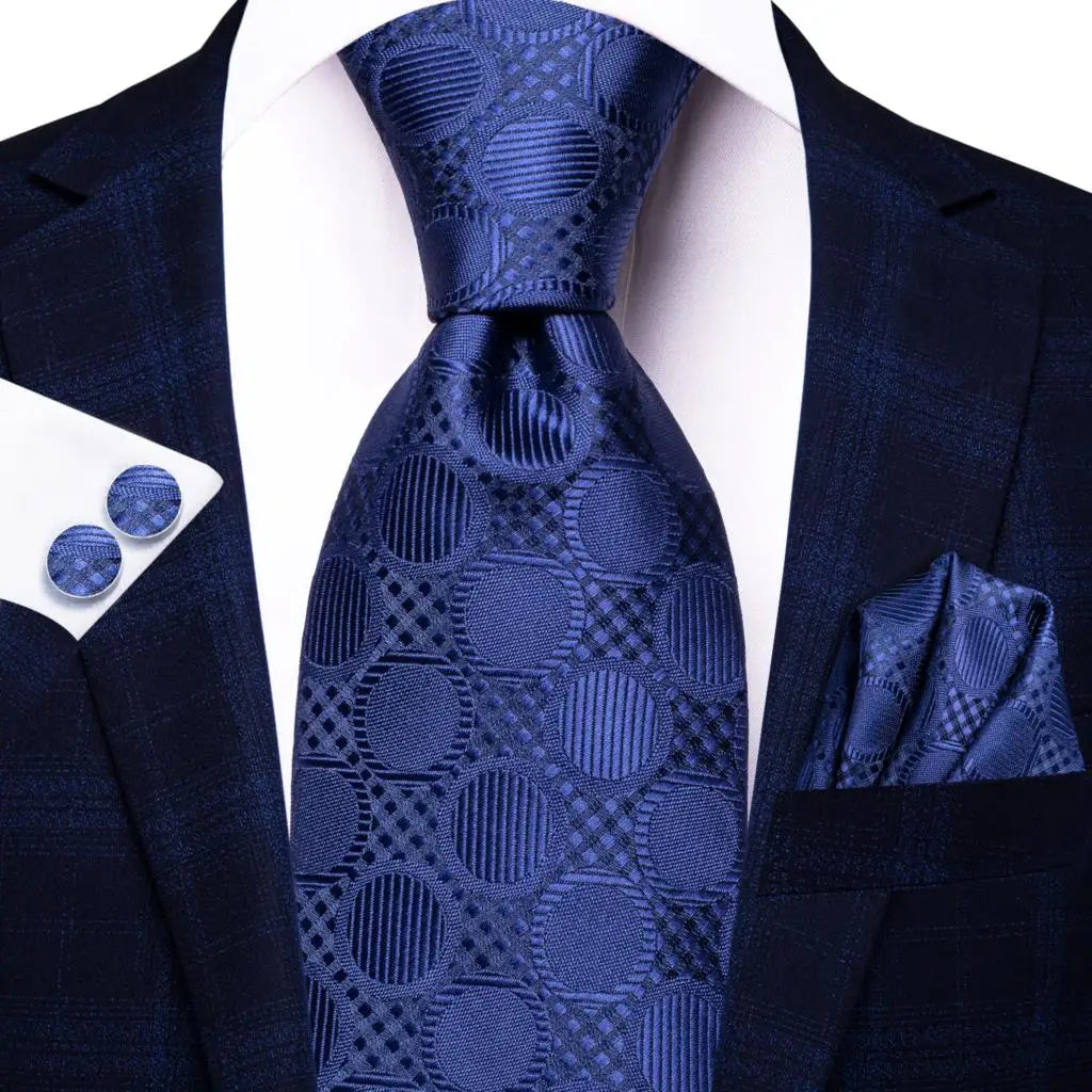 Blue Elegant Dot Hanky Cufflink Silk Necktie