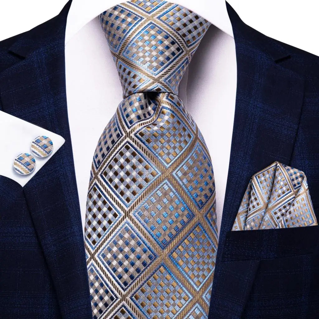 Gray Elegant Dot Hanky Cufflink Silk Necktie