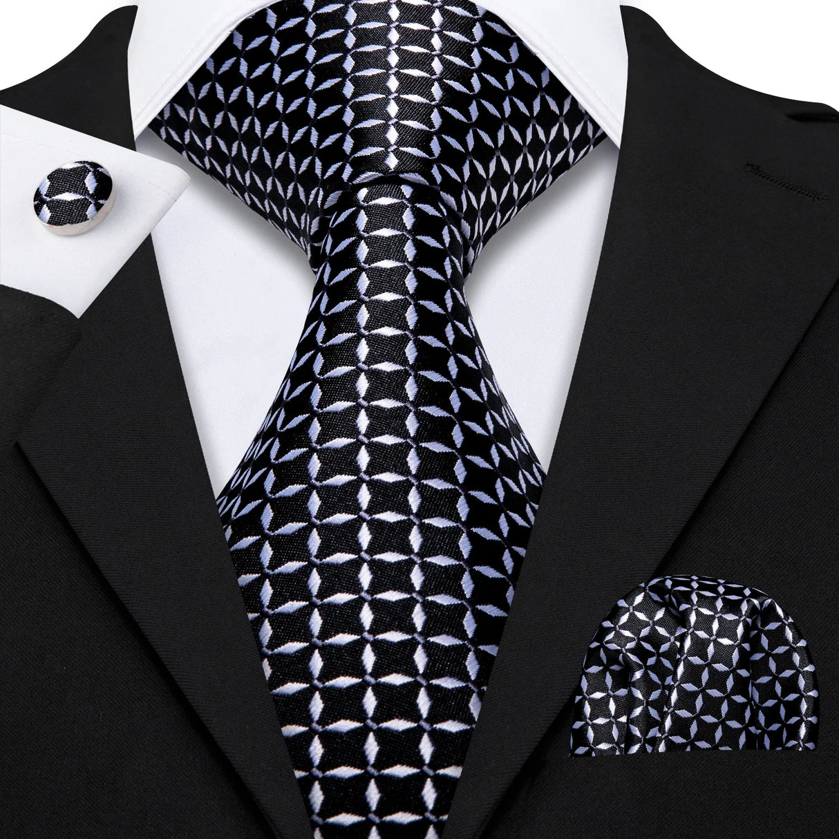Black Elegant Dot Hanky Cufflink Silk Necktie