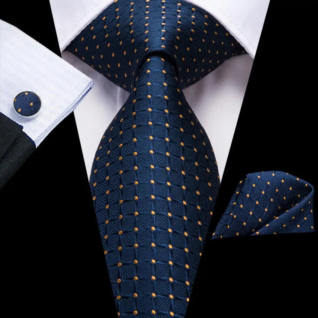 Blue Elegant Dot Hanky Cufflink Silk Necktie