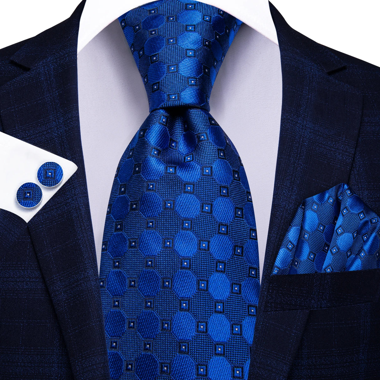 Blue Elegant Dot Hanky Cufflink Silk Necktie