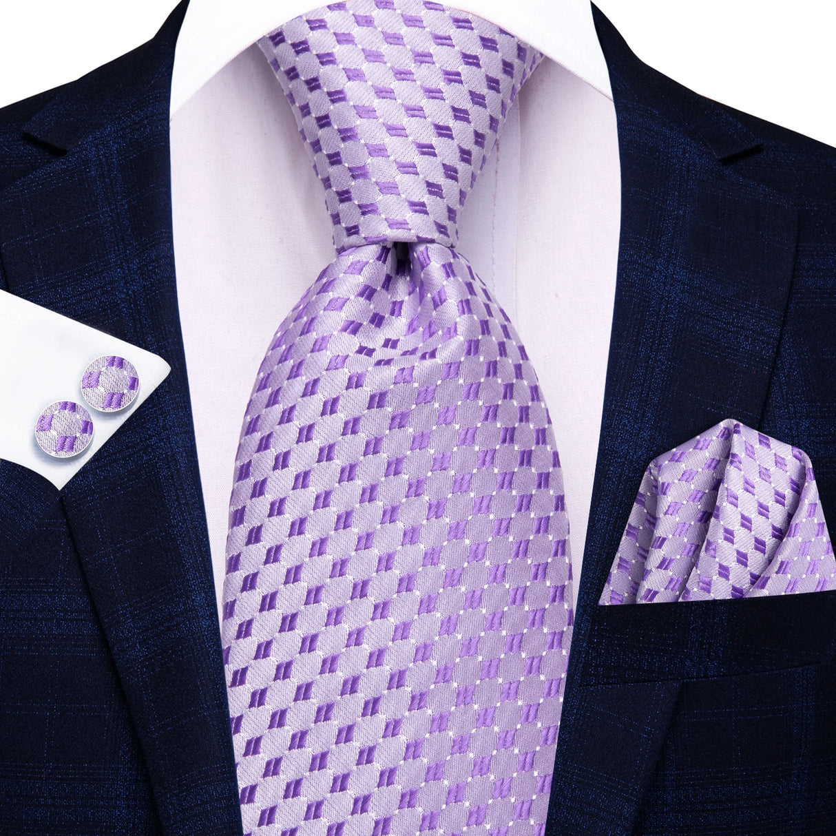 Purple Elegant Dot Hanky Cufflink Silk Necktie