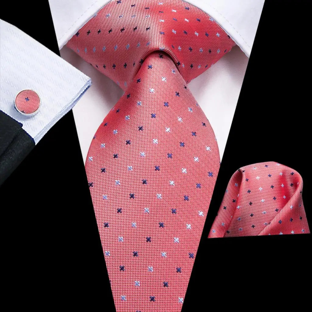 Pink Elegant Dot Hanky Cufflink Silk Necktie