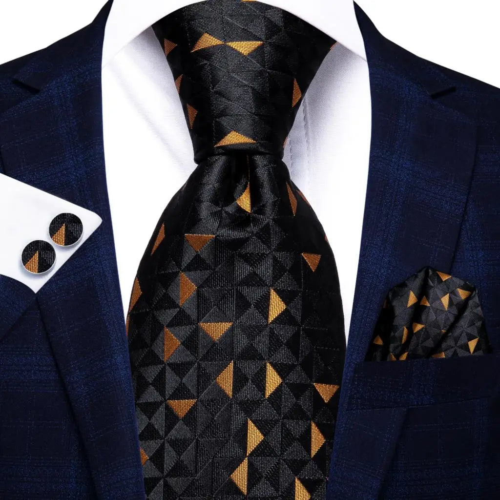 Black Elegant Dot Hanky Cufflink Silk Necktie