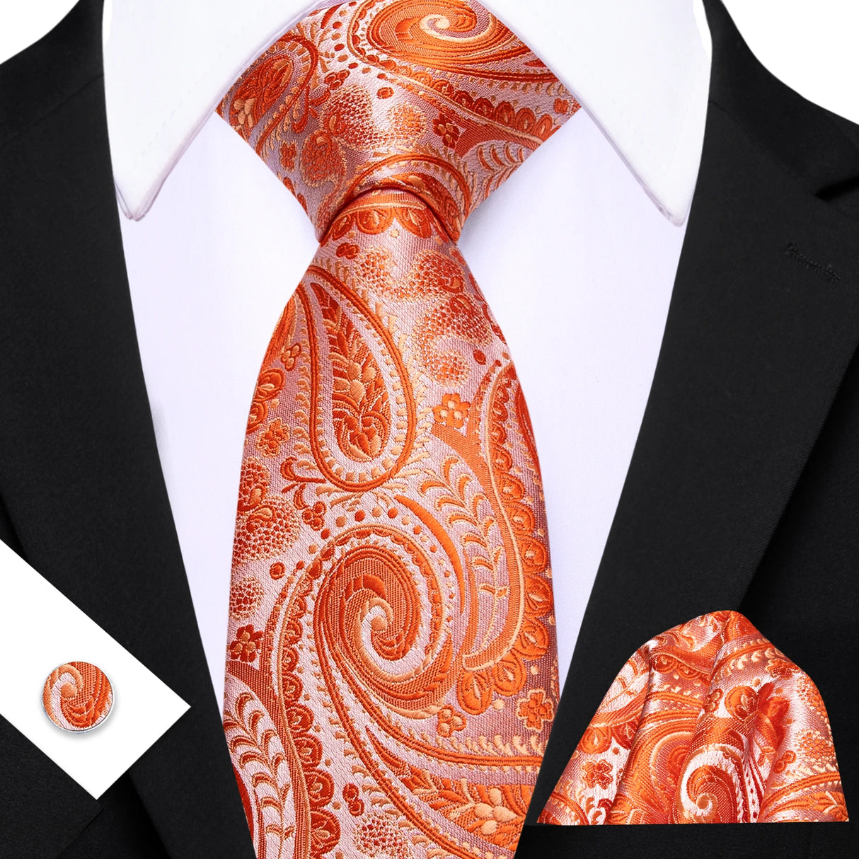 Orange Elegant Paisley Jacquard Pocket Square Cufflinks Necktie