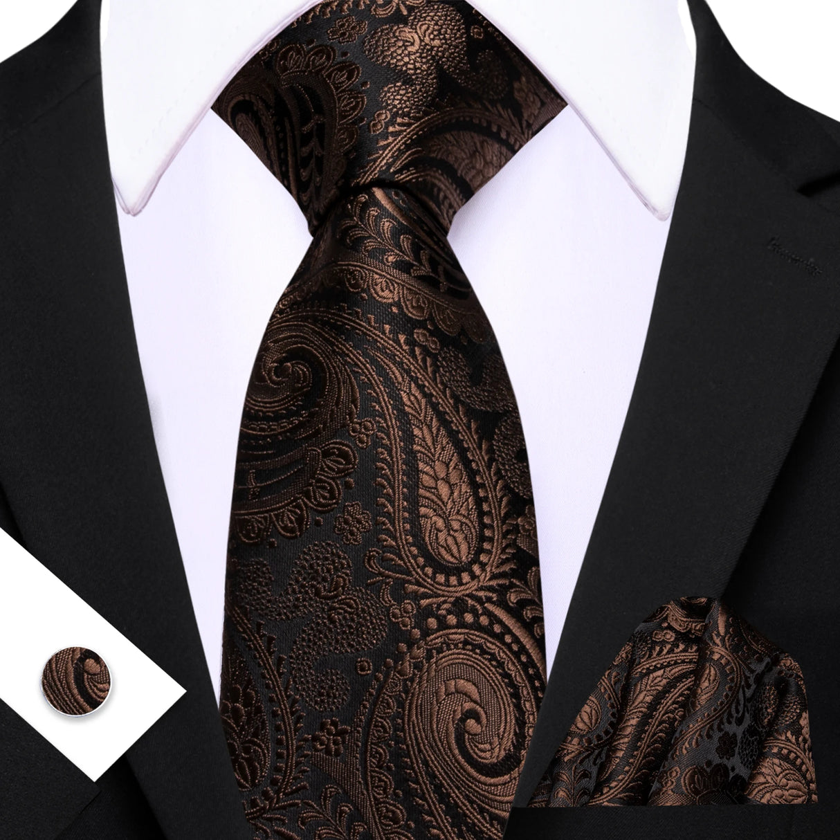Brown Elegant Paisley Jacquard Pocket Square Cufflinks Necktie