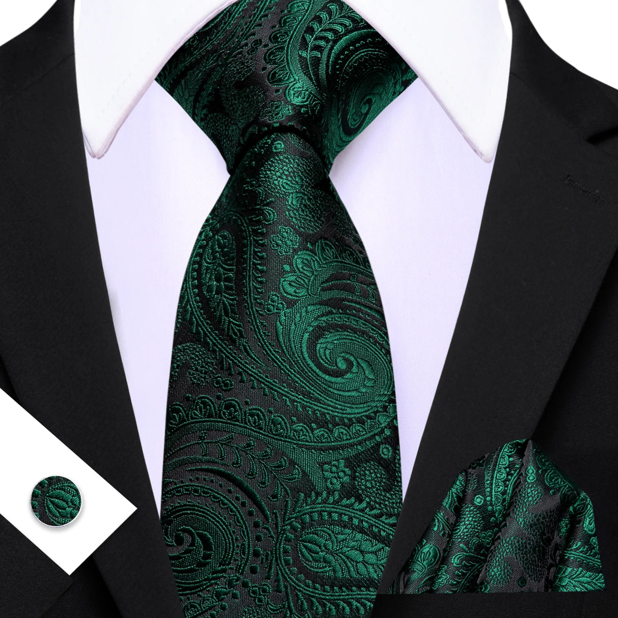 Green Elegant Paisley Jacquard Pocket Square Cufflinks Necktie