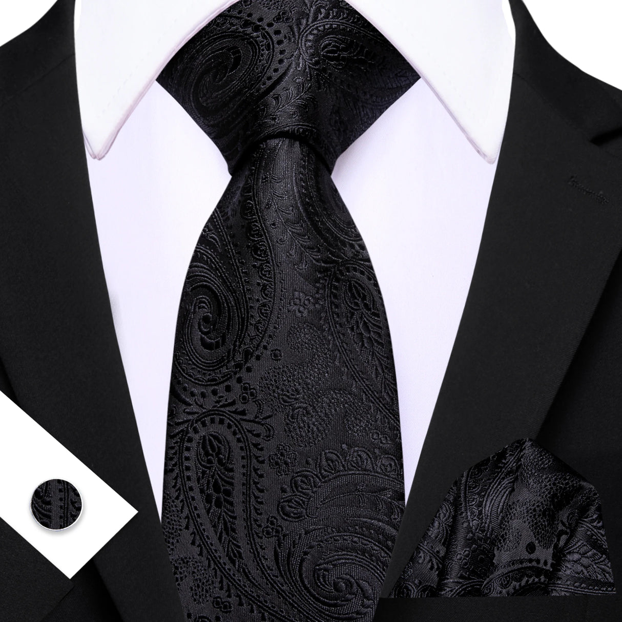 Black Elegant Paisley Jacquard Pocket Square Cufflinks Necktie
