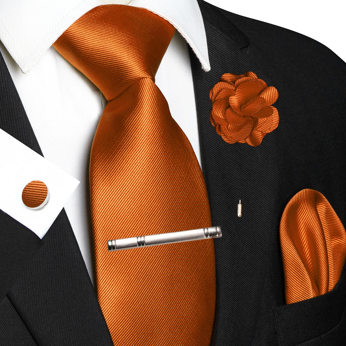 Orange Elegant Solid Hanky Cufflink Brooch Tie For Men