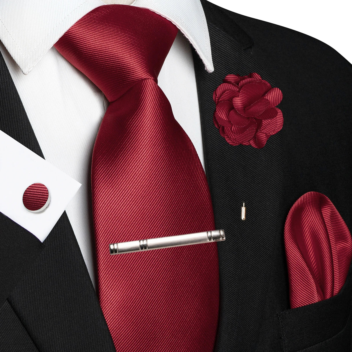 Red Elegant Solid Hanky Cufflink Brooch Tie For Men