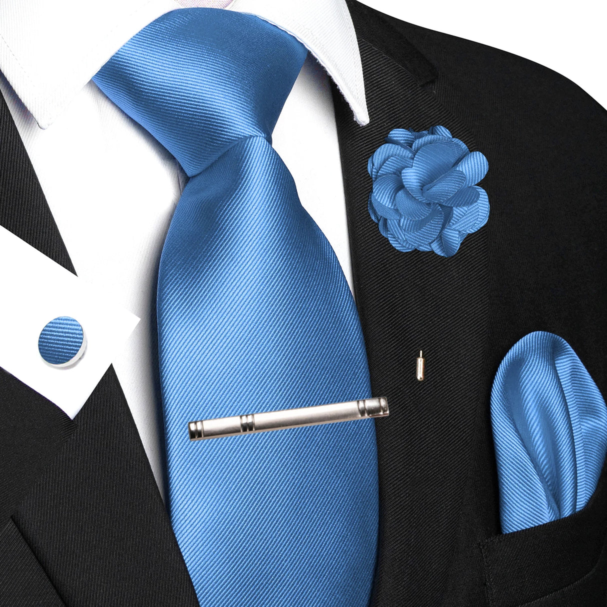 Blue Elegant Solid Hanky Cufflink Brooch Tie For Men