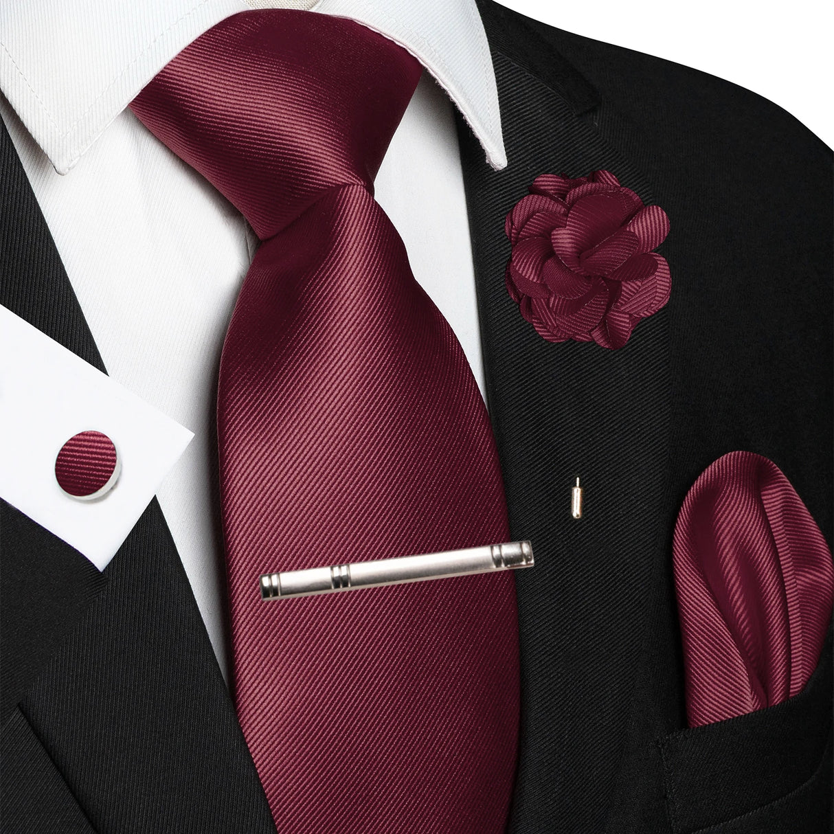 Red Elegant Solid Hanky Cufflink Brooch Tie For Men