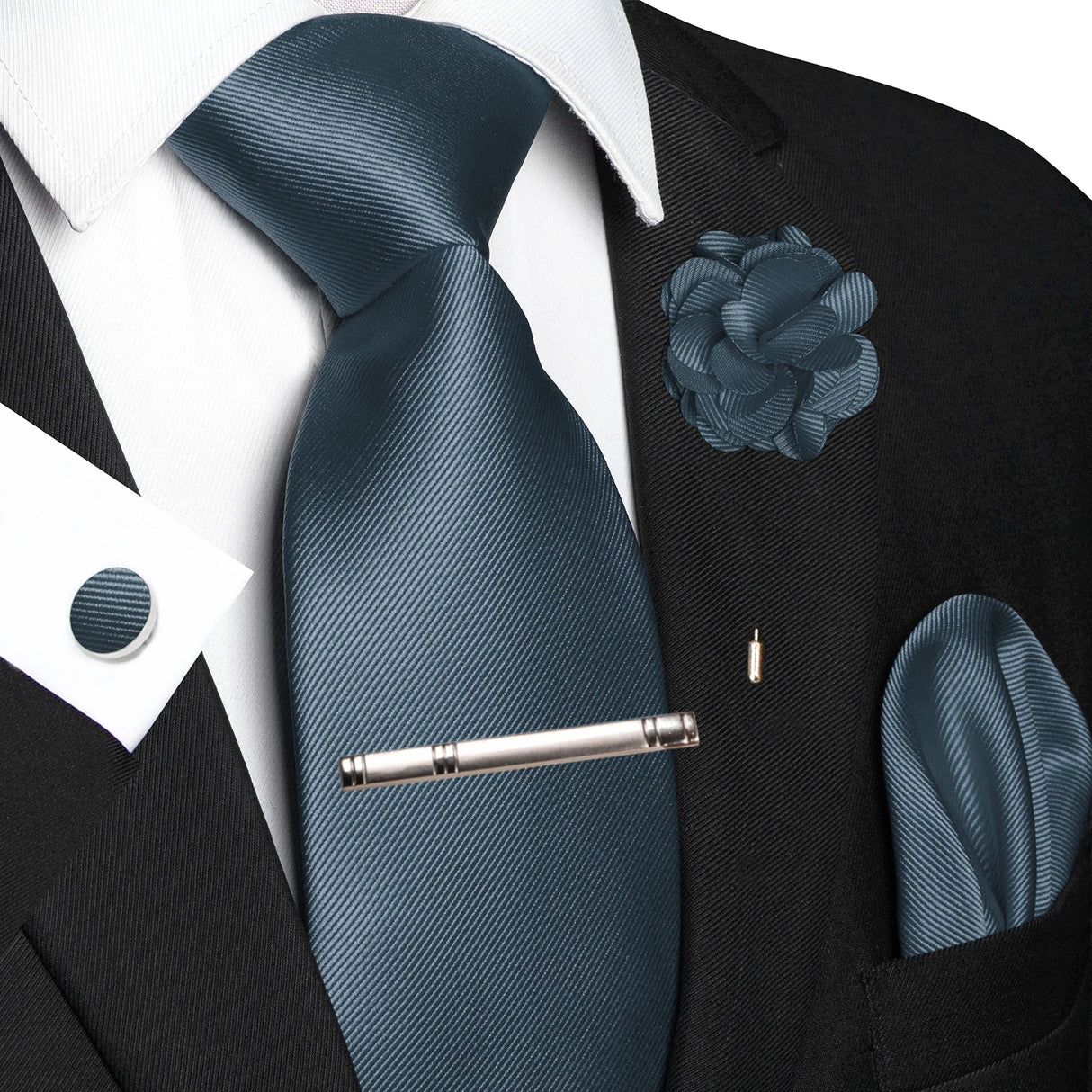 Blue Elegant Solid Hanky Cufflink Brooch Tie For Men