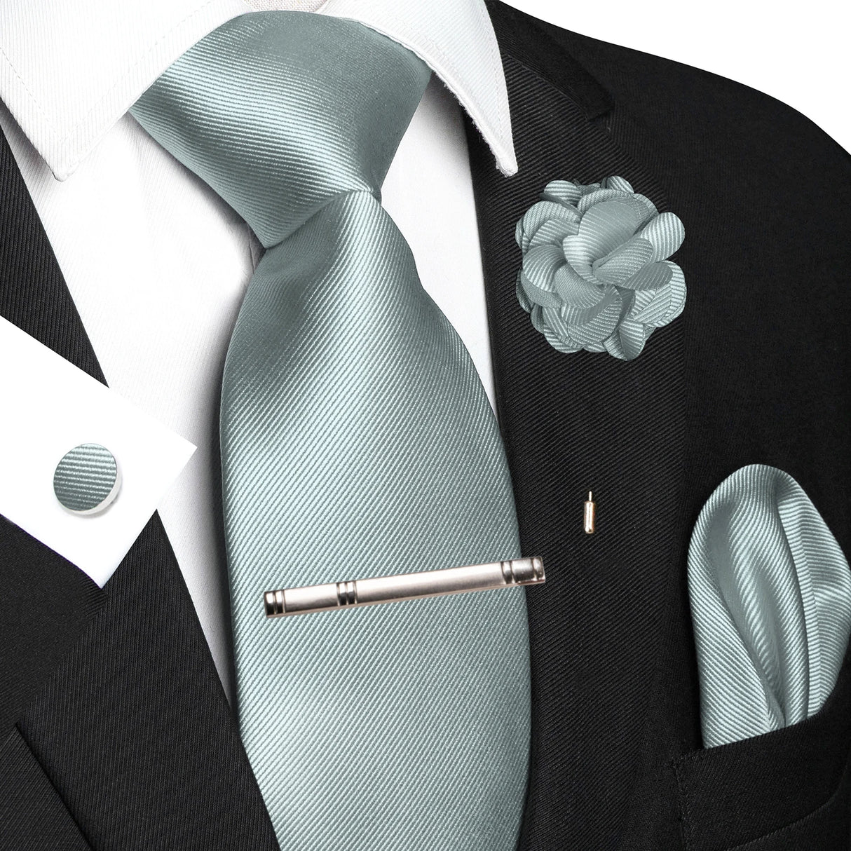 Gray Elegant Solid Hanky Cufflink Brooch Tie For Men