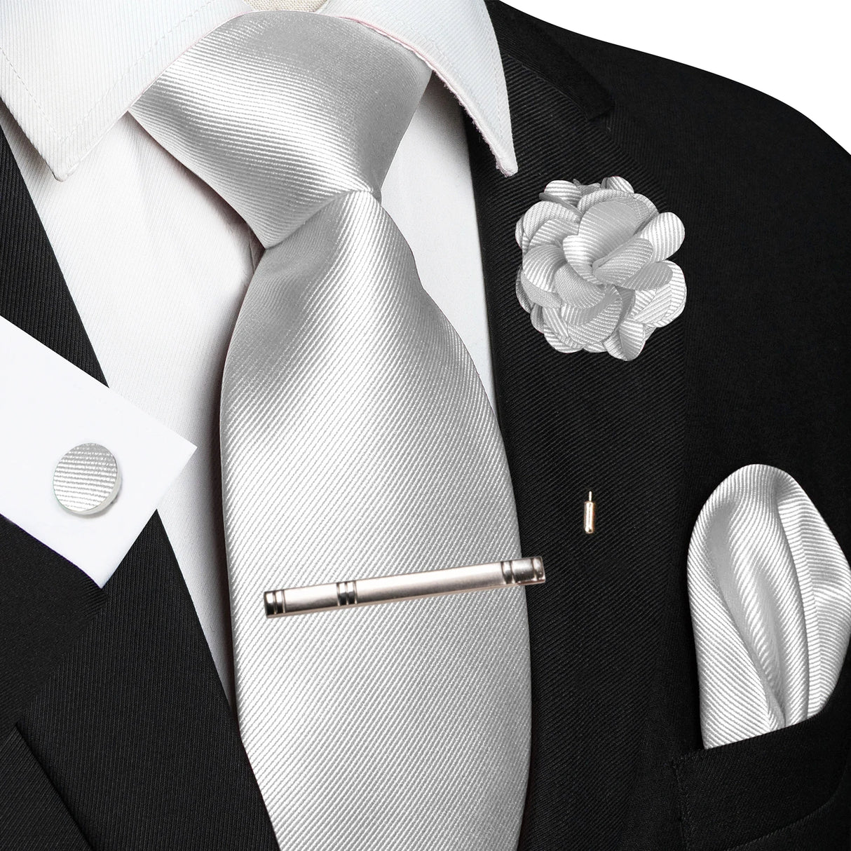 Gray Elegant Solid Hanky Cufflink Brooch Tie For Men