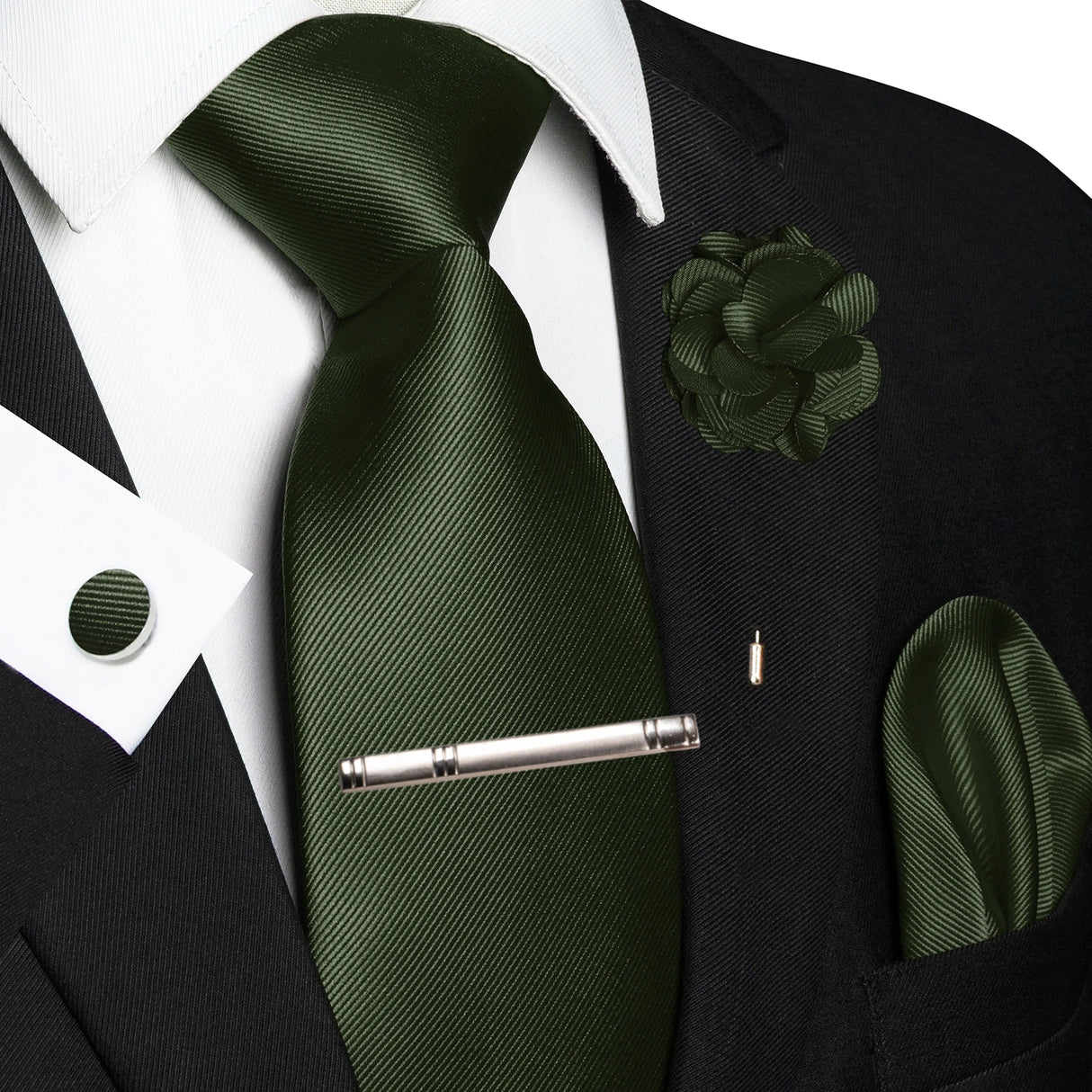 Green Elegant Solid Hanky Cufflink Brooch Tie For Men