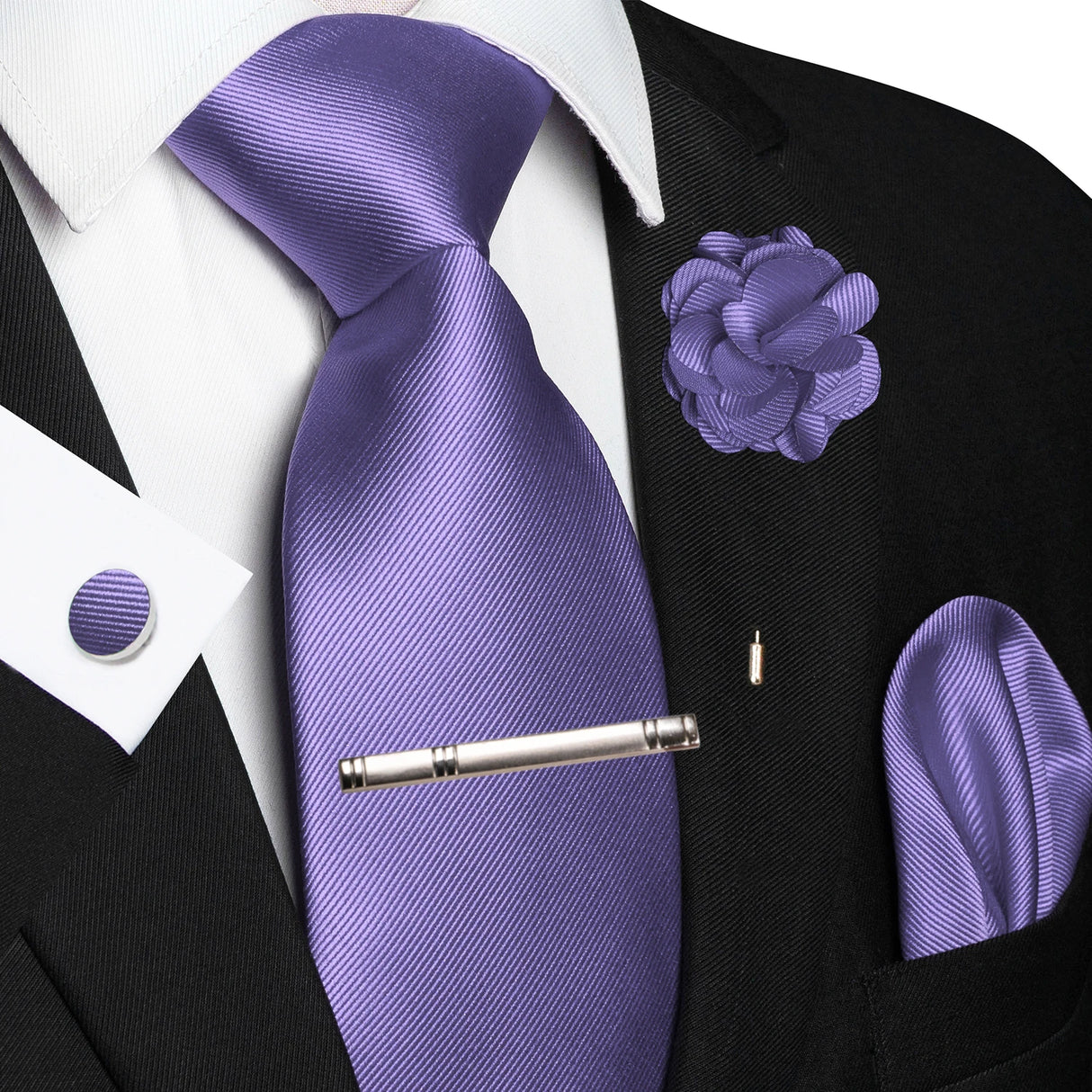 Purple Elegant Solid Hanky Cufflink Brooch Tie For Men