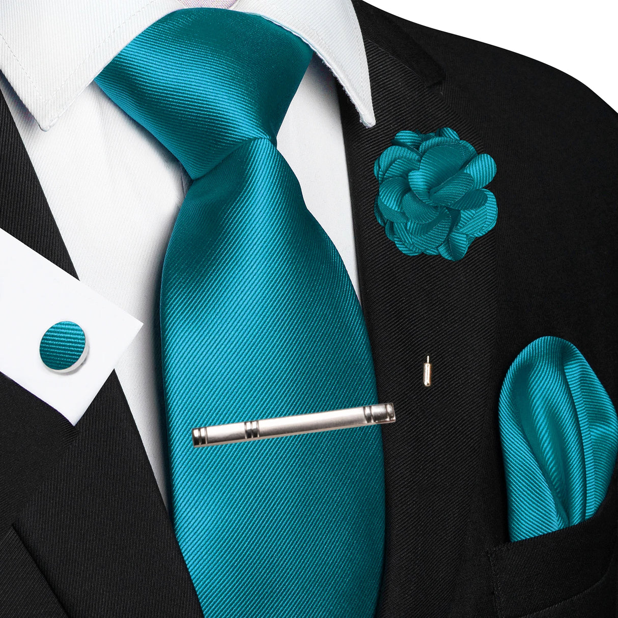 Green Blue Elegant Solid Hanky Cufflink Brooch Tie For Men