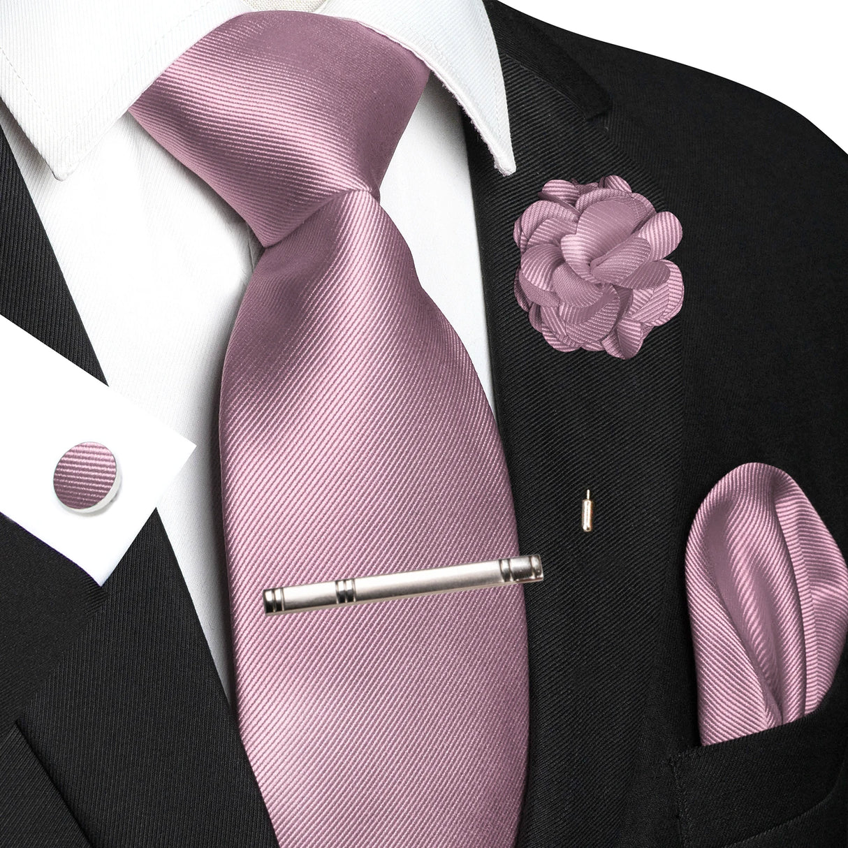 Pink Elegant Solid Hanky Cufflink Brooch Tie For Men