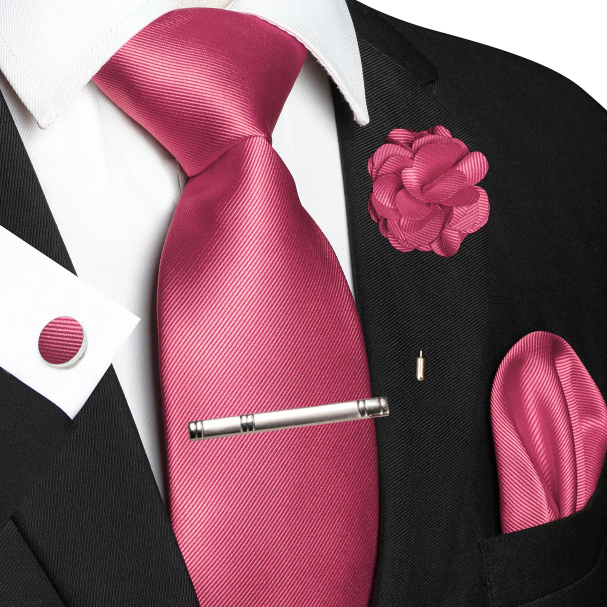 Pink Elegant Solid Hanky Cufflink Brooch Tie For Men