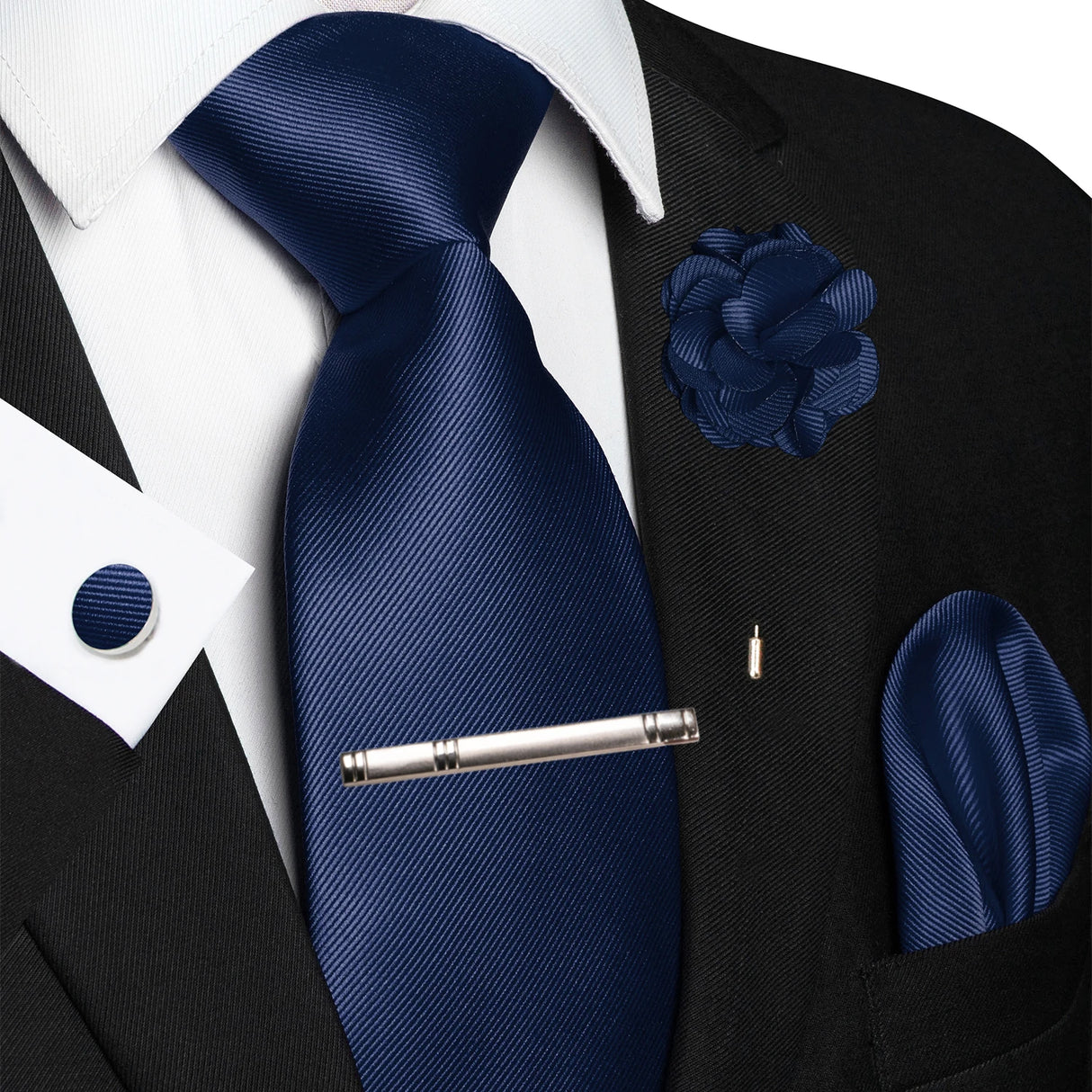 Blue Elegant Solid Hanky Cufflink Brooch Tie For Men