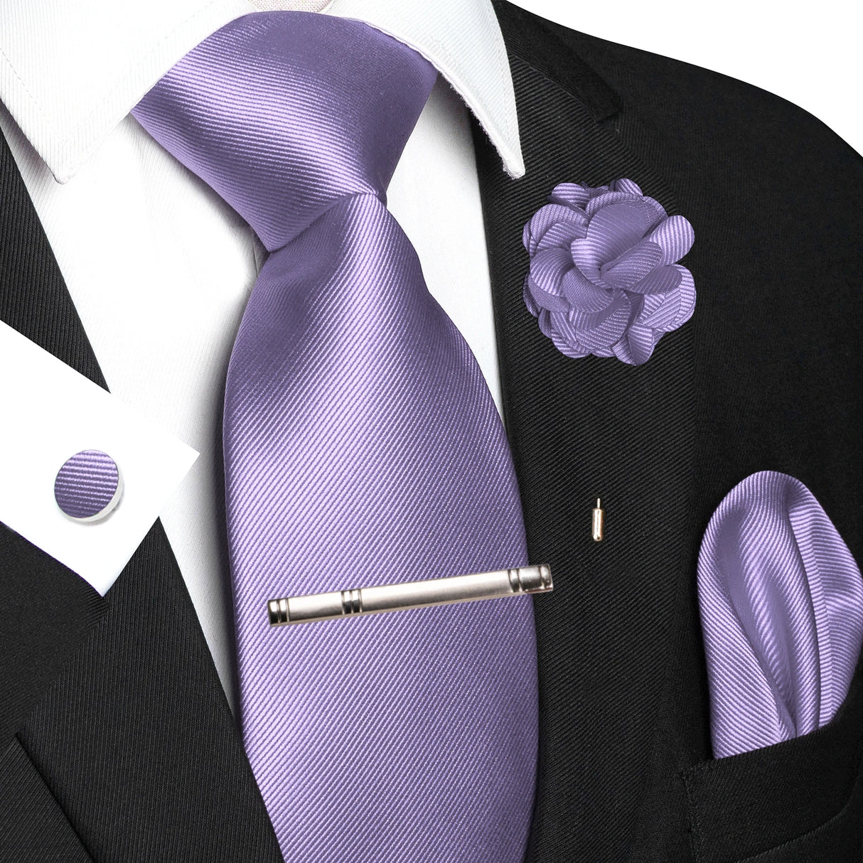 Purple Elegant Solid Hanky Cufflink Brooch Tie For Men