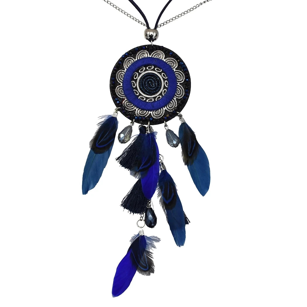 Blue Ethnic Bohemian Gypsy Thread Long Tassel Necklaces