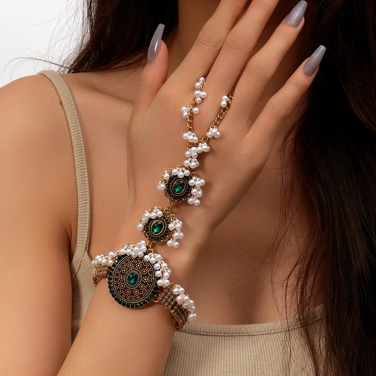 Emerald Ethnic Crystal Round Flower Finger Chain Bracelet