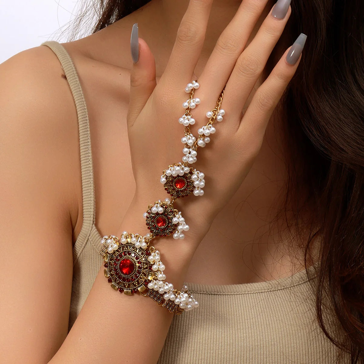 Red Ethnic Crystal Round Flower Finger Chain Bracelet