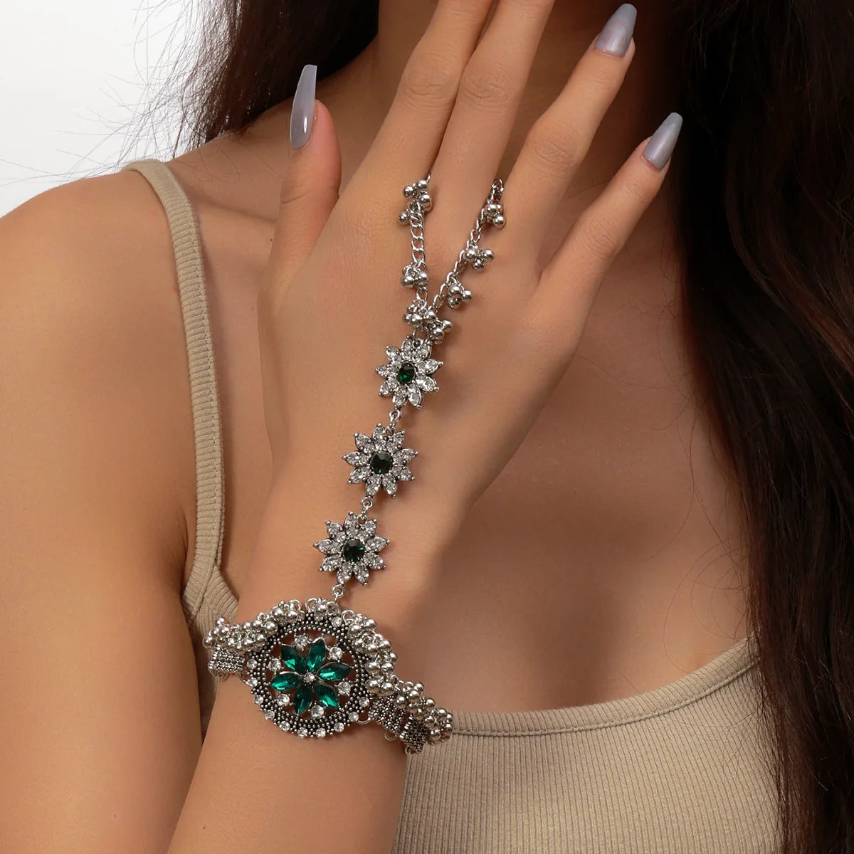 emerald Ethnic Crystal Round Flower Finger Chain Bracelet