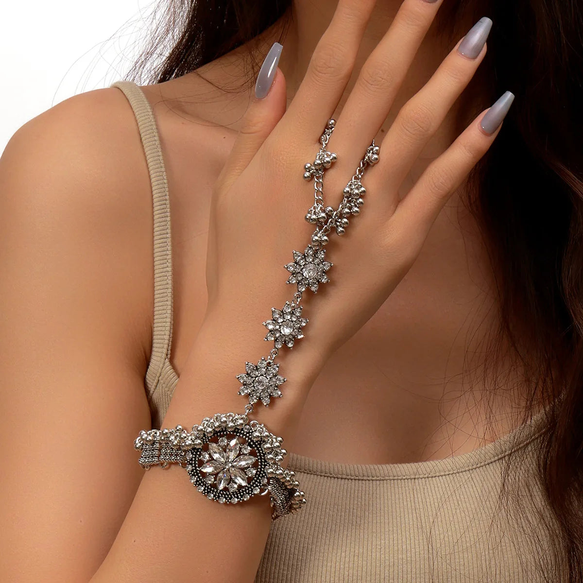 Silver Ethnic Crystal Round Flower Finger Chain Bracelet