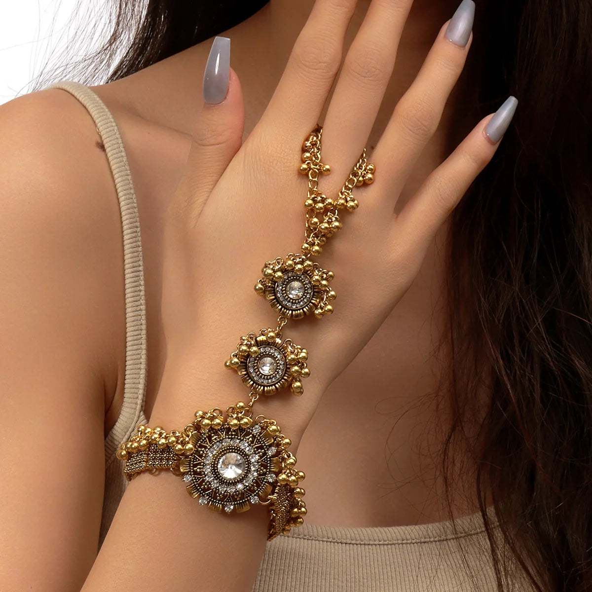 Silver Gold Ethnic Crystal Round Flower Finger Chain Bracelet