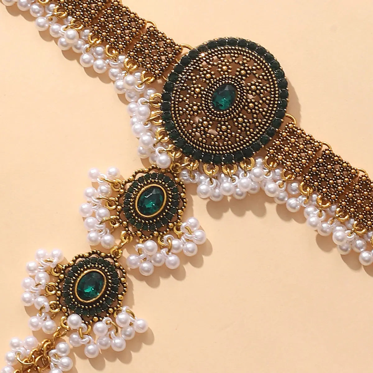 Ethnic Crystal Round Flower Finger Chain Bracelet