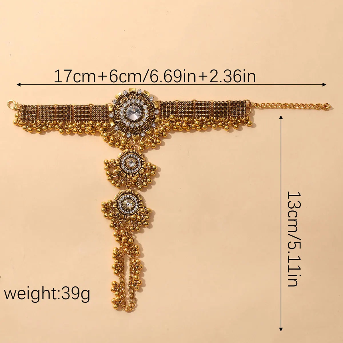 Size of Ethnic Crystal Round Flower Finger Chain Bracelet