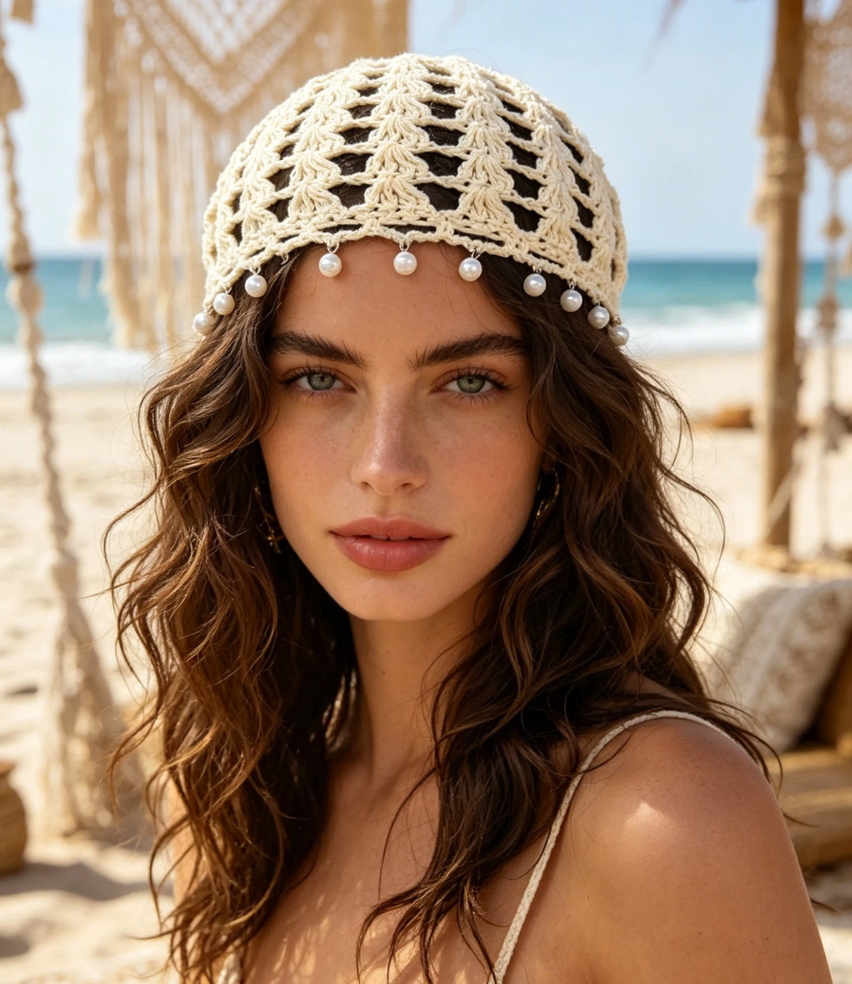 Ethnic Hollow Pearl Tassel Knitted Hat Headwrap