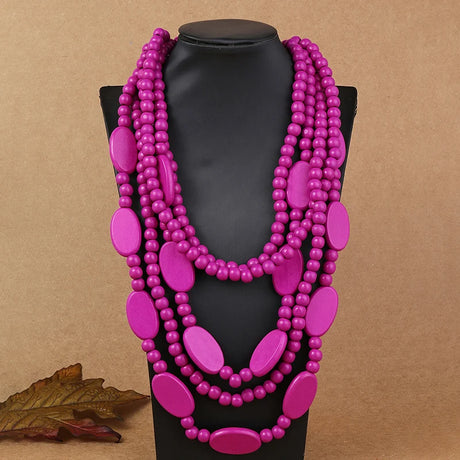 Ethnic Necklace Multi Layer Beads Wood  Necklace purple