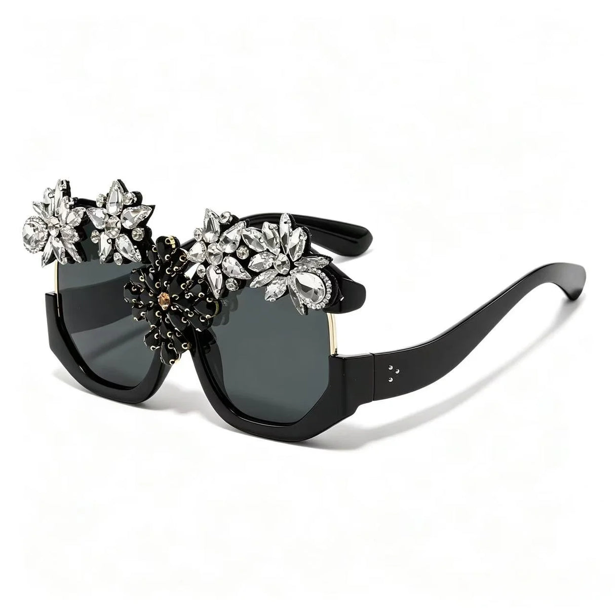 Black Exaggerated Luxury Statement Floral Rhinestone Sunglasses