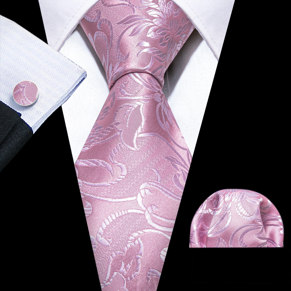 Pink Exquisite Silk Pocket Square Cufflinks Tie Set