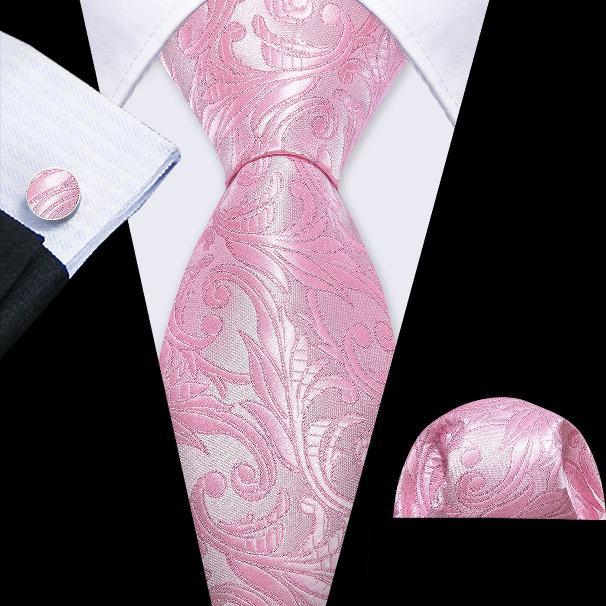 Pink Exquisite Silk Pocket Square Cufflinks Tie Set