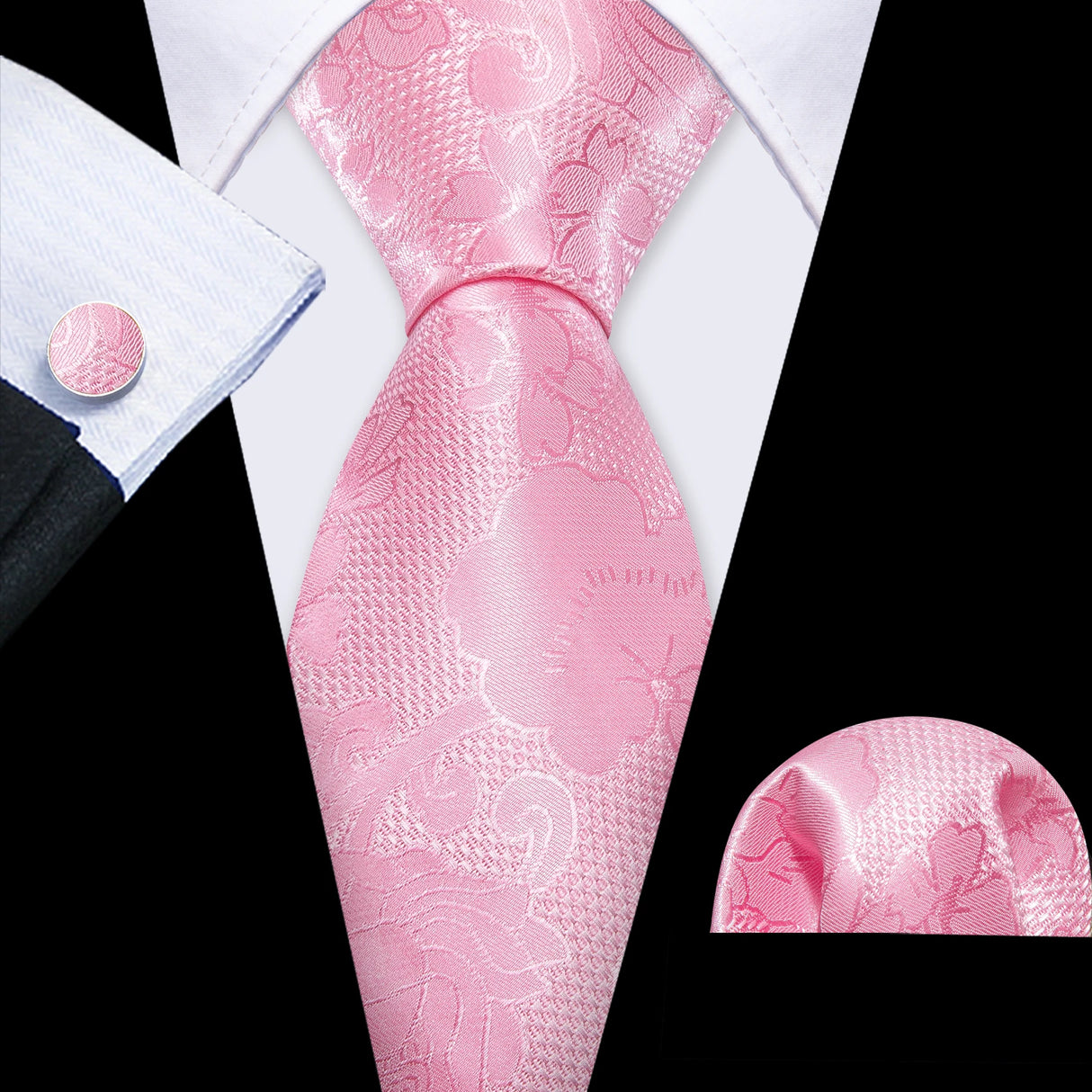 Pink Exquisite Silk Pocket Square Cufflinks Tie Set